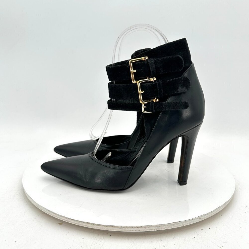 Derek Lam Women Size 6.5B Black Leather Triple Buckle Pointed Toe High Heel Shoe